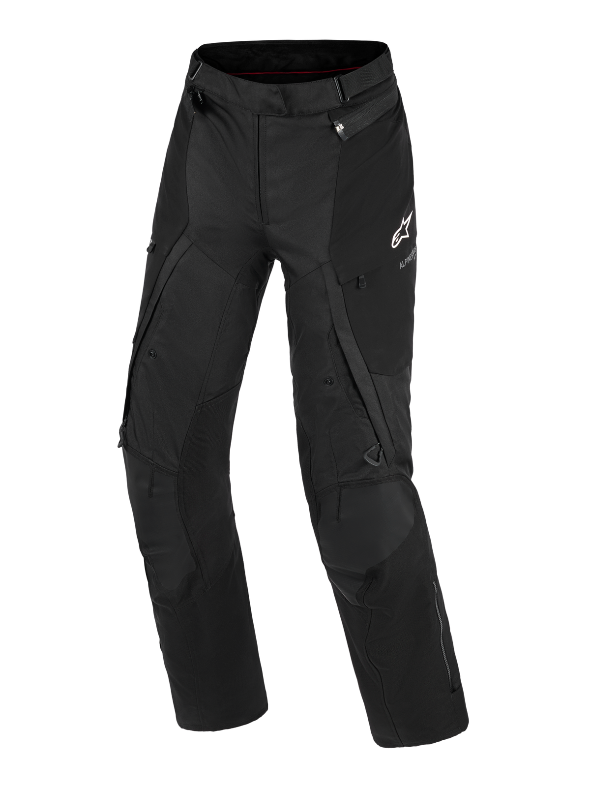 Alpinestars Stella Andes V4 Drystar® Hose, Damen-Adventure-Motorradhose, Schwarz, Vorderansicht zeigt technische Textilkonstruktion, weißes Alpinestars-Logo auf dem linken Oberschenkel, Cargotaschen und Belüftungsreißverschlüsse, strapazierfähige Allwetter-Fahrausrüstung