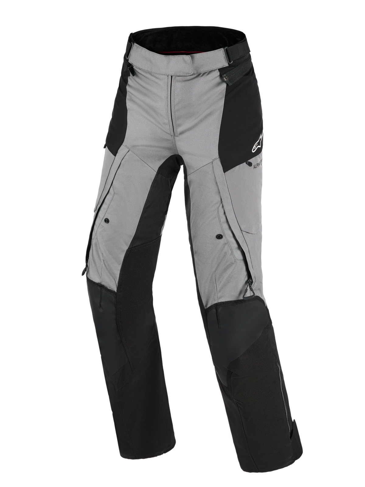 Alpinestars Stella Andes V4 Drystar® Pants, pantalon de moto pour femme, noir et gris foncé, design adventure touring avec textile imperméable, zones renforcées aux genoux et à l'assise, aérations et poches zippées, logo Alpinestars sur la hanche