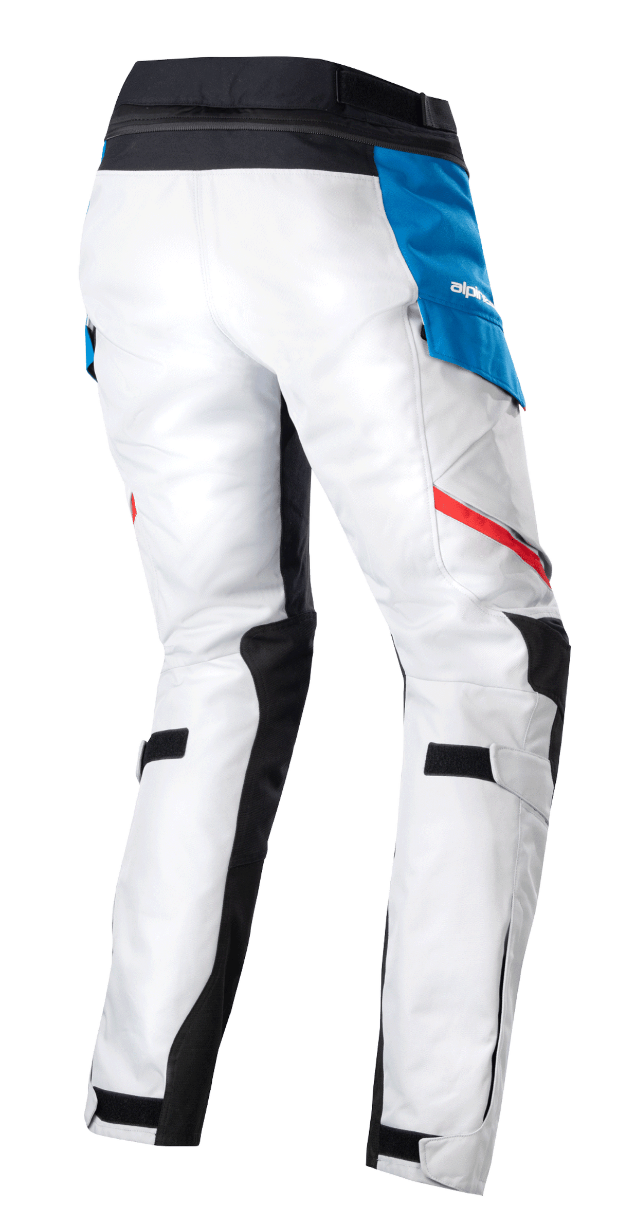 Alpinestars Damen Stella Honda Andes V3 Drystar® Hose, Adventure-Touring-Motorradhose, Ice Gray Blau Hellrot, Rückansicht mit eisgrauer Textilkonstruktion, blauer Seitentasche mit weißem Logo, schwarzem Hosenbund und roten Akzentstreifen