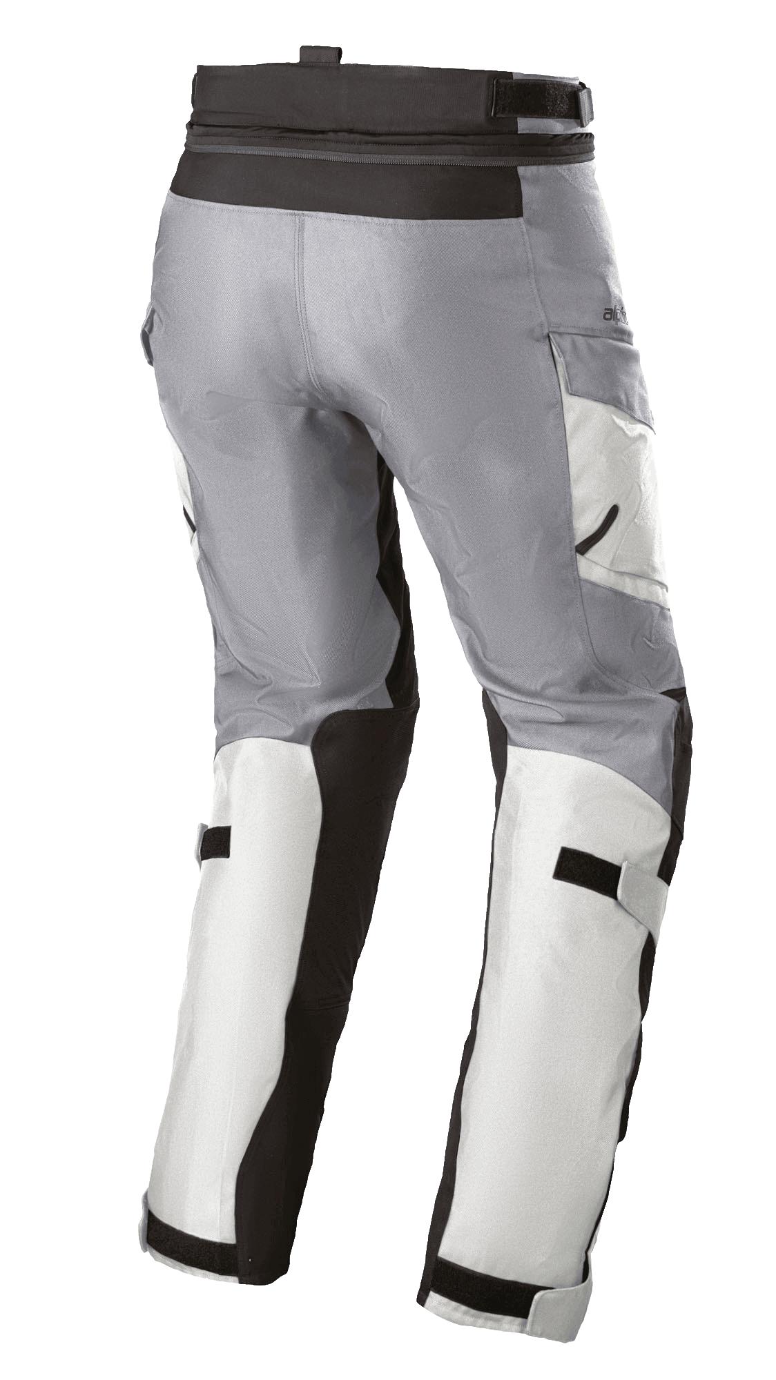 Alpinestars Stella Andes V3 Drystar® damesbroek, touring motorbroek, Ice Gray en Dark Gray, driekwart achteraanzicht met verstelbare taille- en kuitbanden, cargo-zakken en versterkte panelen.