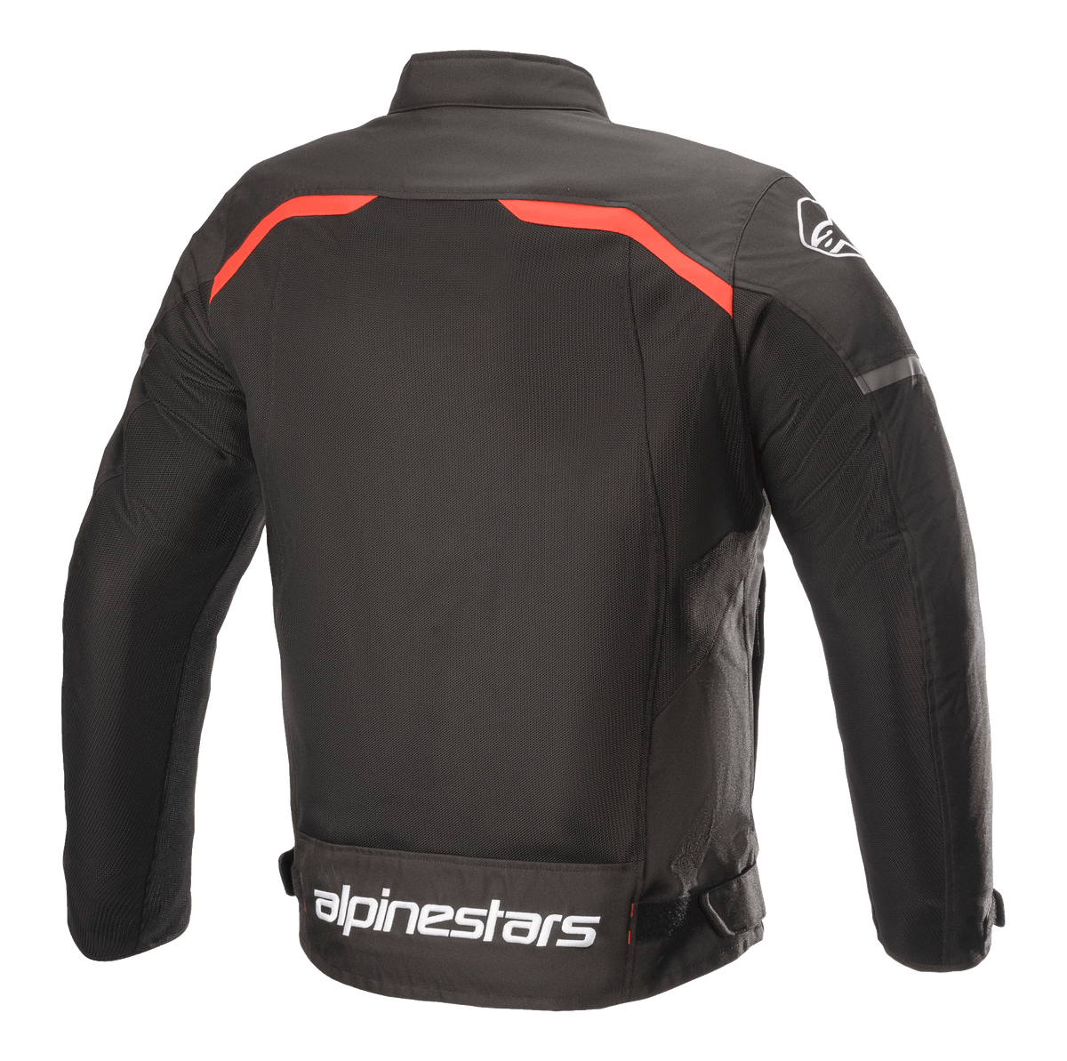 Alpinestars T-SPS Superair Jacke, Textil-Motorradjacke, Schwarz mit leuchtend roten Akzenten, Rückansicht mit großen Mesh-Belüftungseinsätzen, rote Paspelierung über den Schultern und auffälliges weißes Alpinestars-Branding am unteren Rücken.
