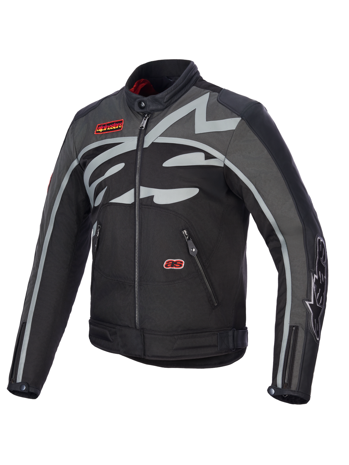 Alpinestars Axton Jacke, Motorradjacke, Schwarz Anthrazit Rot Tangerine, mit großem grauem umlaufendem Logo auf der Brust, roten Marken-Aufnähern, Textil- und Lederkonstruktion, Vintage-Rennsport-inspiriertes Design für Stadt- und Straßenfahrten