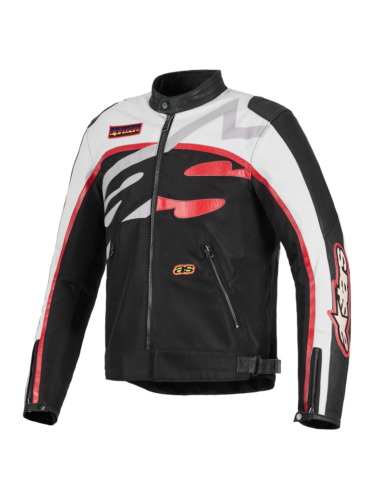 Veste Alpinestars Axton, veste de moto, noir, blanc cassé et rouge vif, design d'inspiration racing vintage avec logo Alpinestars enveloppant, construction en textile et cuir, poches zippées et col motard