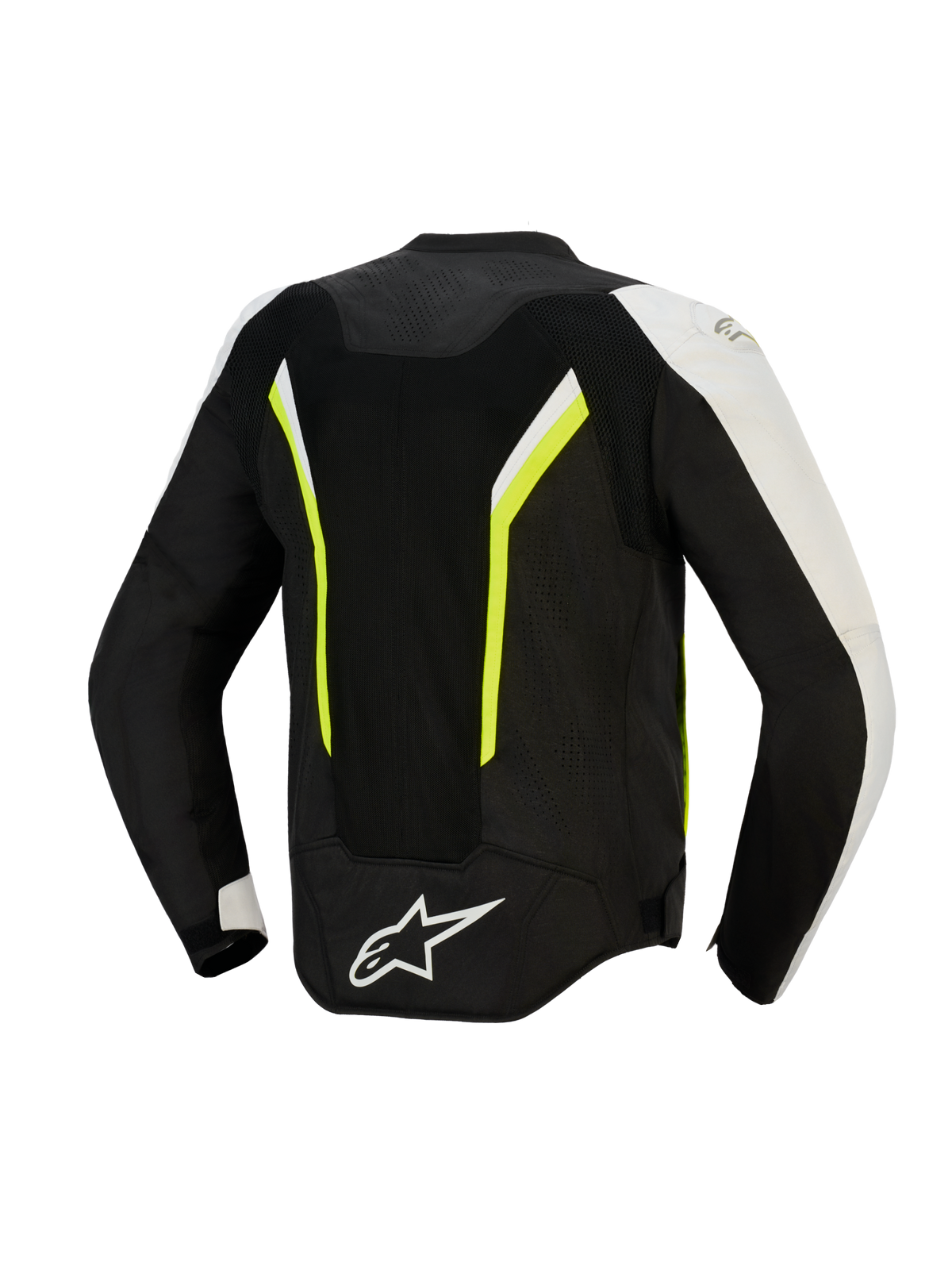 Veste Alpinestars AST V3 Air, vue arrière, noir, argent et jaune fluo, veste de moto en textile avec grands panneaux en maille pour la circulation de l'air, accents fluorescents et logo blanc en bas du dos