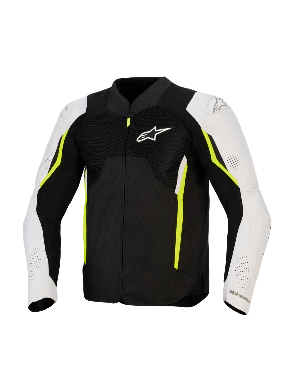 Veste Alpinestars AST V3 Air, veste de moto en textile ventilée, noir, argent et jaune fluo, vue de face présentant des panneaux de ventilation en mesh, manches blanches avec accents jaune fluo et logo Alpinestars sur la poitrine, design sport-performance pour le pilotage par temps chaud