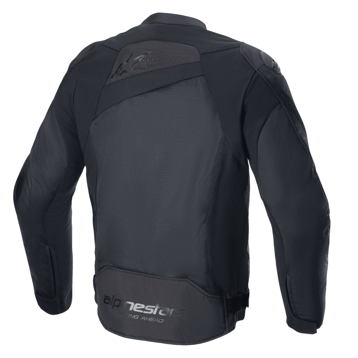 Alpinestars T-GP Plus R V4 Airflow Jacke, Schwarz/Schwarz, Rückansicht, mit großem Mesh-Panel für maximalen Luftstrom, perforiertem oberem Rücken, dezentem geprägtem Logo und Alpinestars Racing Ahead Schriftzug auf dem unteren Rücken, Textil-Motorradjacke in Sportpassform