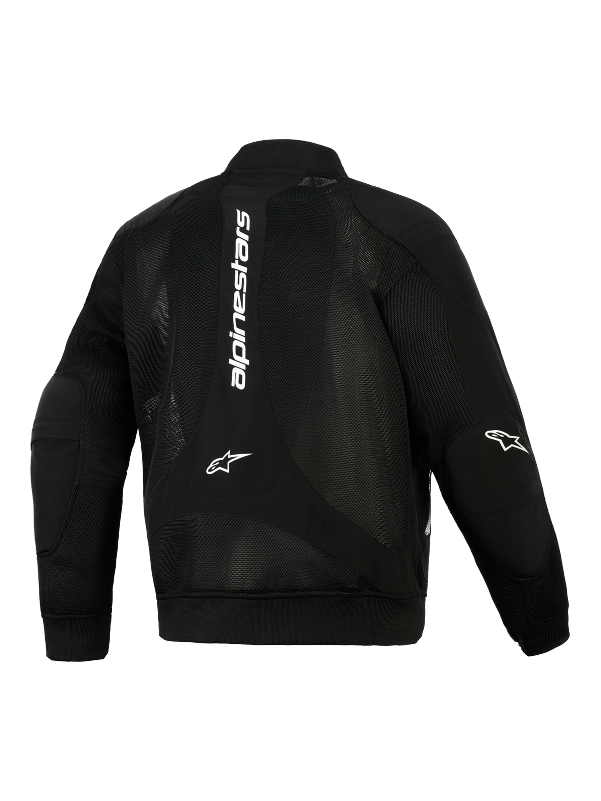 Veste Alpinestars Flight Air, noire, vue arrière, veste de moto urbaine style bomber dotée de larges panneaux en maille 3D, marquage vertical blanc dans le dos, logos Astar sur les coudes, poignets et ourlet en tricot côtelé extensible.