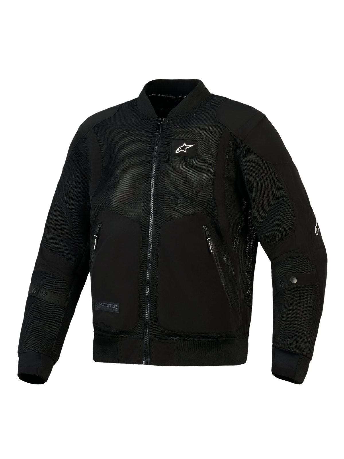 Veste Alpinestars Flight Air noire, veste de moto urbaine de style bomber avec panneaux en maille 3D ultra-ventilée, renforts en poly-tissu, petit logo blanc sur la poitrine, col et poignets côtelés extensibles.