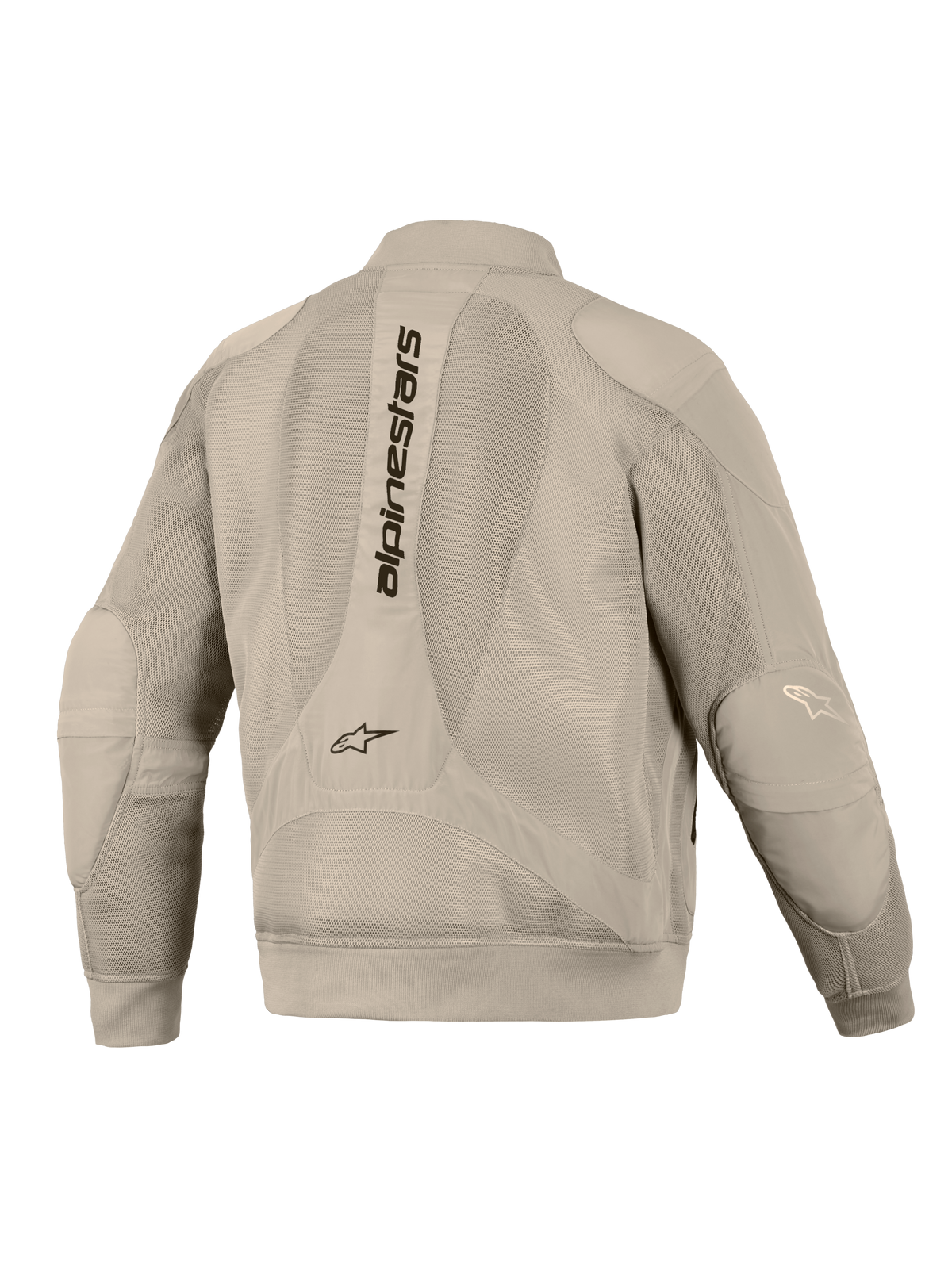 Veste Alpinestars Flight Air en Aluminum, vue de dos, dotée de larges panneaux en maille 3D pour la ventilation, logo Alpinestars vertical sur le dos, poignets et ourlet côtelés, silhouette style bomber moderne pour la conduite moto urbaine