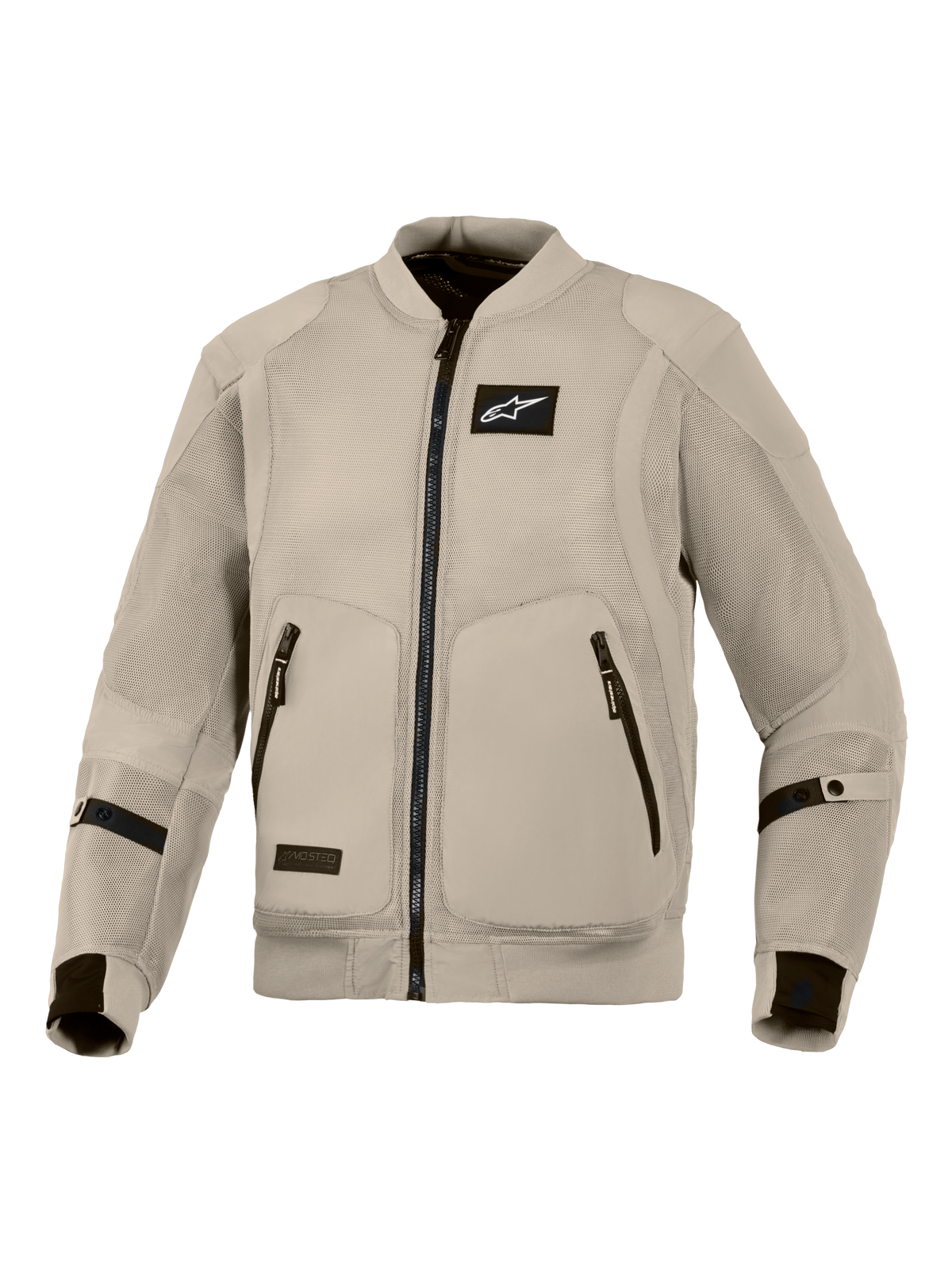 Veste Alpinestars Flight Air, veste de moto gris aluminium, équipement de conduite urbaine de style bomber avec panneaux en maille 3D pour une circulation d'air maximale, logo Alpinestars noir sur la poitrine et deux poches avant zippées.