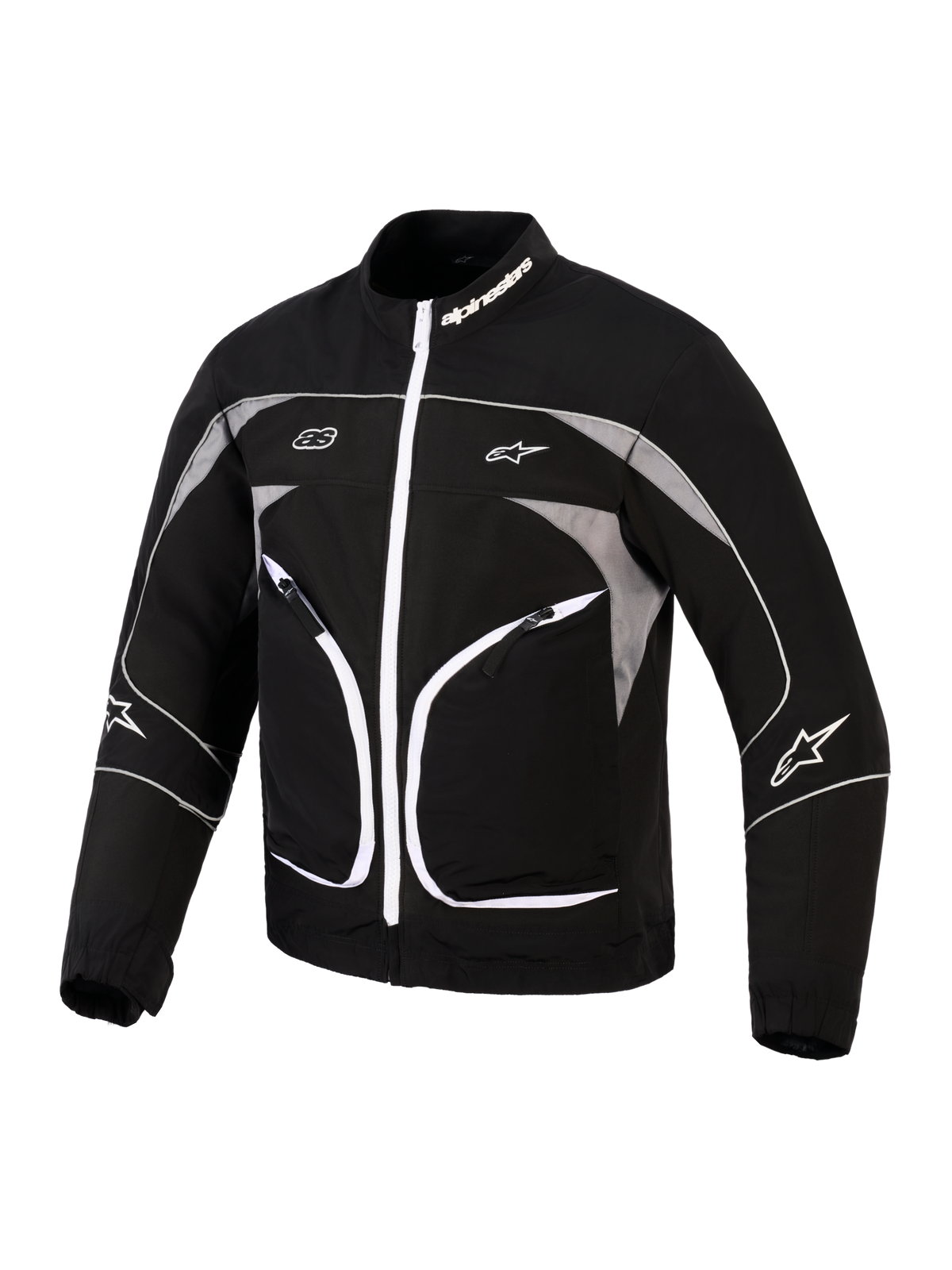 Veste Alpinestars Unite, veste de moto, noir et gris foncé, dotée d'une fermeture éclair avant blanche, de panneaux gris réfléchissants et de liserés blancs, logo Alpinestars sur le col et les manches, design urbain minimaliste