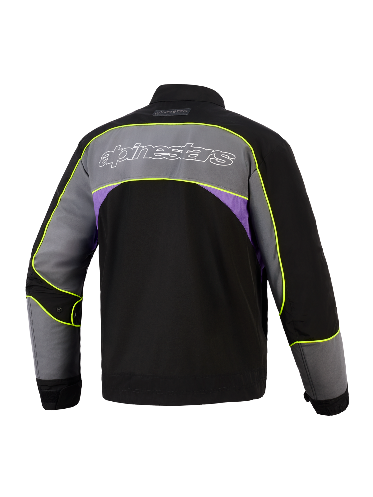 Veste Alpinestars Unite en Black Asphalt Violet, vue de dos, veste de moto urbaine avec large empiècement gris aux épaules, logo Alpinestars aux contours blancs, accents violets sur les côtés et passepoil jaune néon haute visibilité le long des coutures