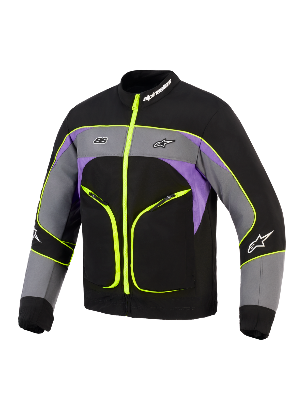 Veste Alpinestars Unite, veste de moto urbaine, noir Asphalt Violet avec des accents jaune néon, dotée d'une construction softshell à 3 couches, de fermetures éclair et de liserés jaune fluorescent, de blocs de couleurs gris et violet, et du logo Alpinestars sur la poitrine et le col.