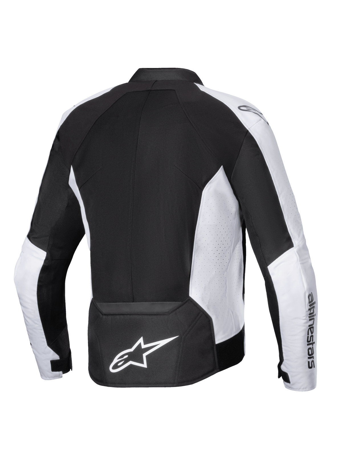 Alpinestars Viper Air V4 Jacket, Motorcycle Jacket, Black and White, Rear view featuring large tech mesh panels for airflow, white perforated side panels, bold white Astar logo on the lower back, and textile construction for warm-weather riding.