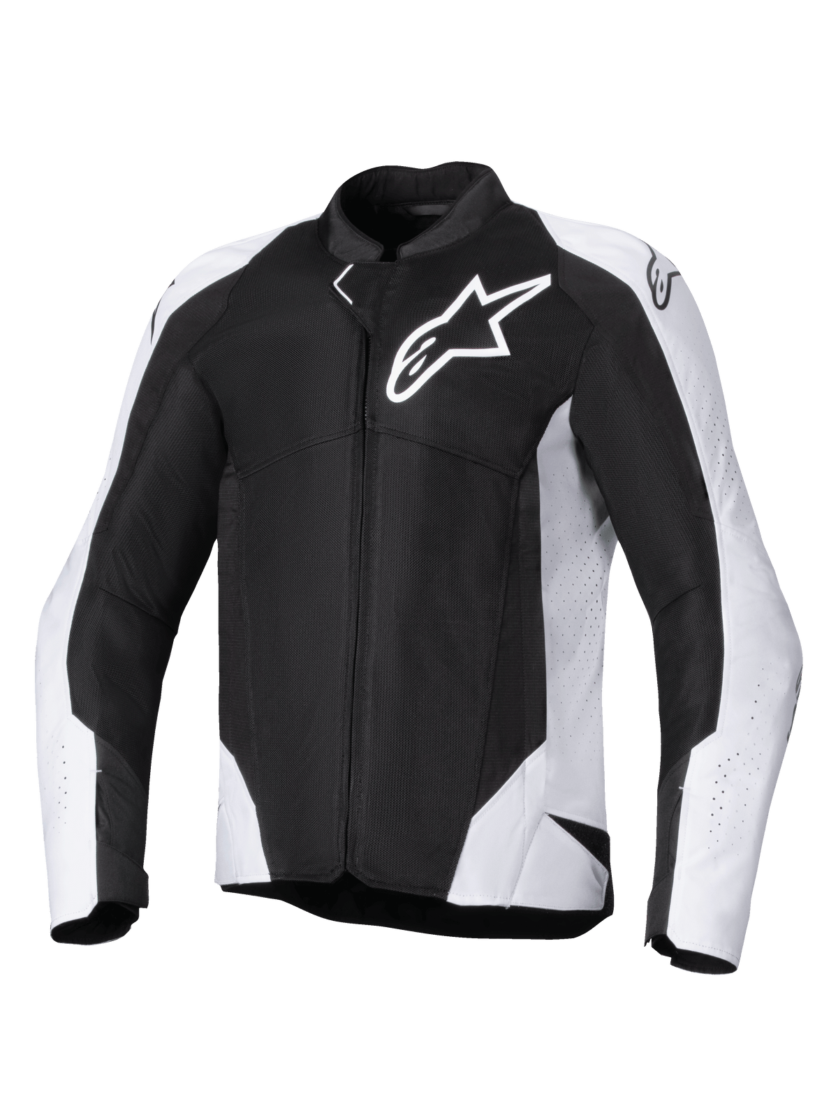 Alpinestars Viper Air V4 Jacket, Textile Motorcycle Jacket, Black and White, featuring large white Astar logo on chest, perforated mesh panels for airflow, ergonomic sport fit for road riding