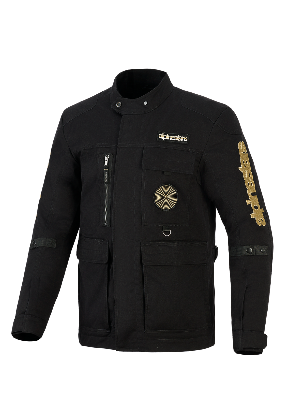 Veste Alpinestars Dice, veste de moto urbaine de style field jacket, noire avec logos dorés, dotée de multiples poches utilitaires, d'un écusson en spirale sur la poitrine et d'un design d'inspiration vintage en textile déperlant.