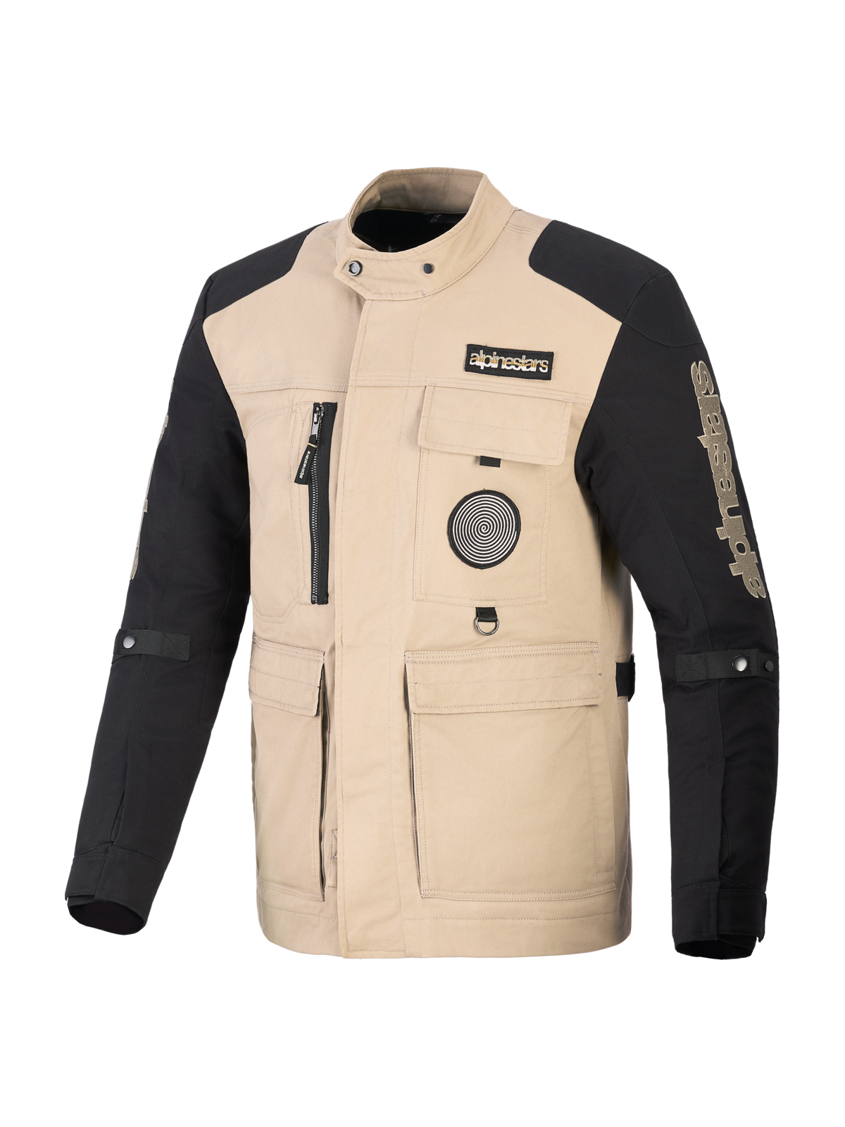 Alpinestars Dice Jacke, urbane Motorradjacke, Tan und Schwarz, Workwear-inspiriertes Design mit vier funktionalen Fronttaschen und Logo-Aufnähern, robuste Textilkonstruktion für Performance auf der Straße