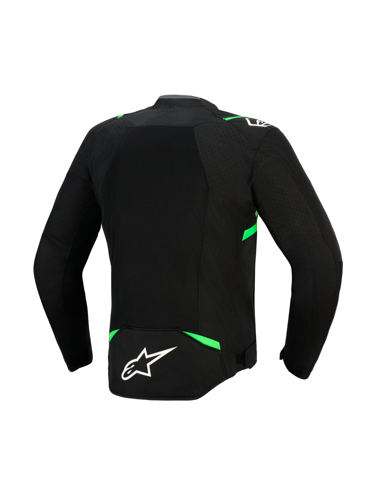 Alpinestars T-SPS Air V2 Jacket, Back View, Black and Fluo Green, featuring a large tech mesh panel for maximum airflow, fluorescent green accents on shoulders and waist, and a white Alpinestars logo on the lower back.