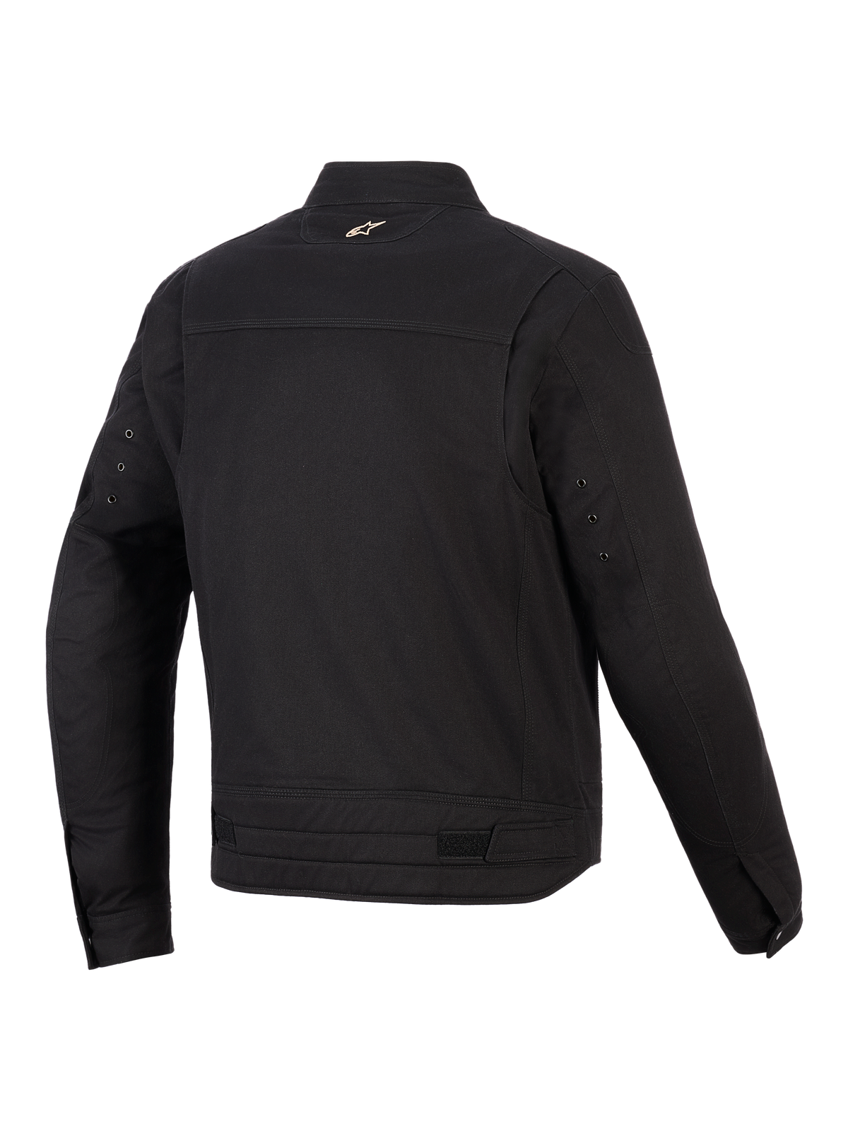 Veste Alpinestars Bruiser, veste de moto urbaine, noire, vue arrière montrant les panneaux d'épaules articulés, les réglages à la taille et un petit logo brodé sur le col, design textile robuste inspiré des vêtements de travail