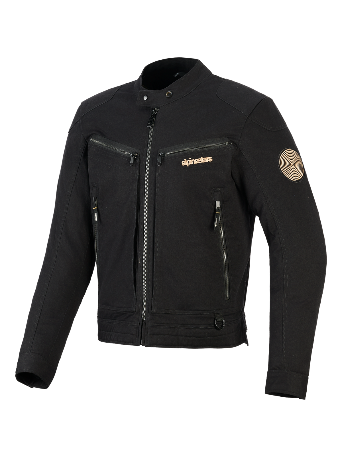 Veste Alpinestars Bruiser, veste de moto urbaine noire, dotée de poches zippées à la poitrine et pour les mains, logo doré et patch d'épaule spirale Oscar, design textile d'inspiration workwear