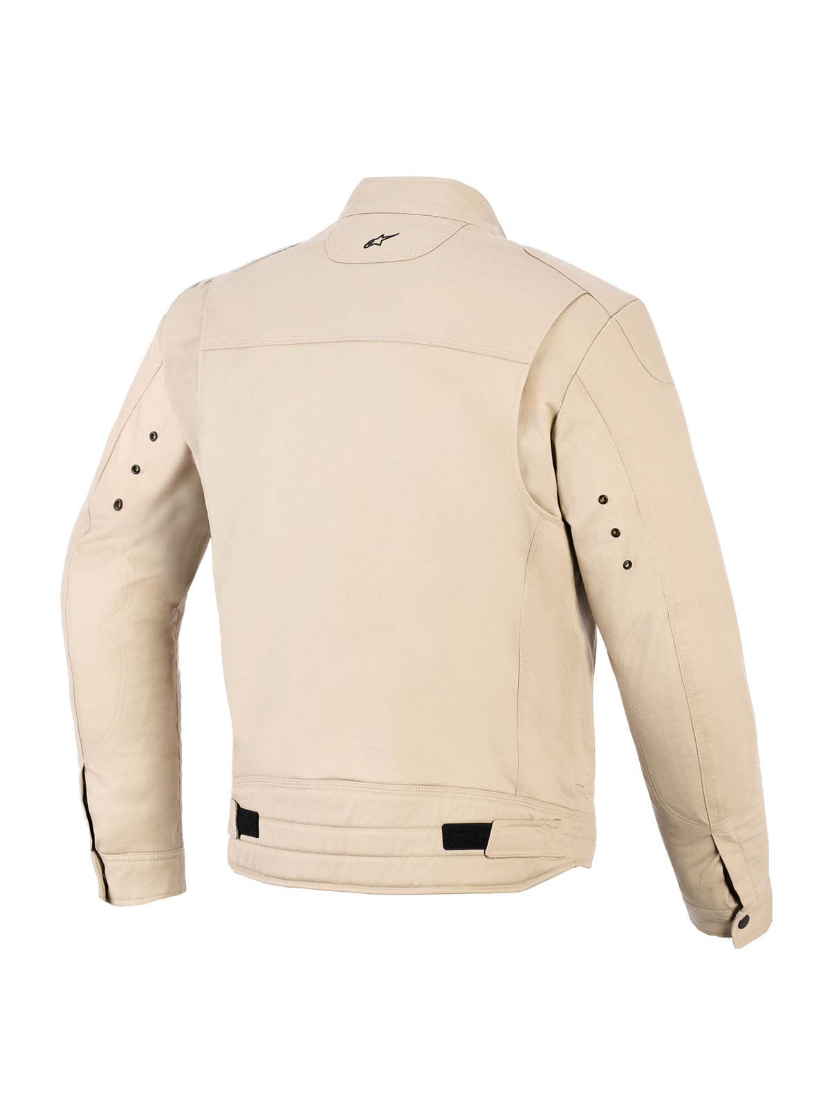 Alpinestars Bruiser Jacket, urban motorjas, aluminum kleur, achteraanzicht met geplooide schouderpanelen, verstelbare taillebanden met zwarte tabs, klein geborduurd logo in de nek en metalen oogjes aan de achterkant van de mouwen.
