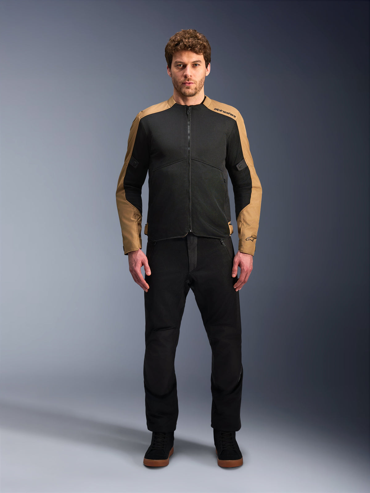 Alpinestars C-1 Air Jacket, urban textile motorcycle jacket in Black and Sand with breathable tech mesh panels.