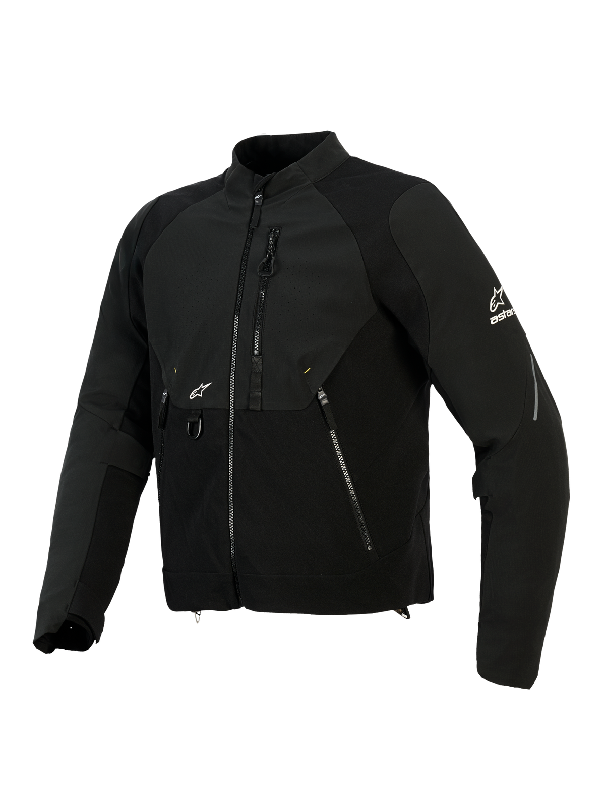 Veste Provoke d'Alpinestars, veste de moto textile, noire, avec empiècements en softshell ripstop, zone de poitrine perforée au laser, poches zippées, logo Alpinestars blanc sur la manche et la poitrine, équipement de conduite urbain contemporain