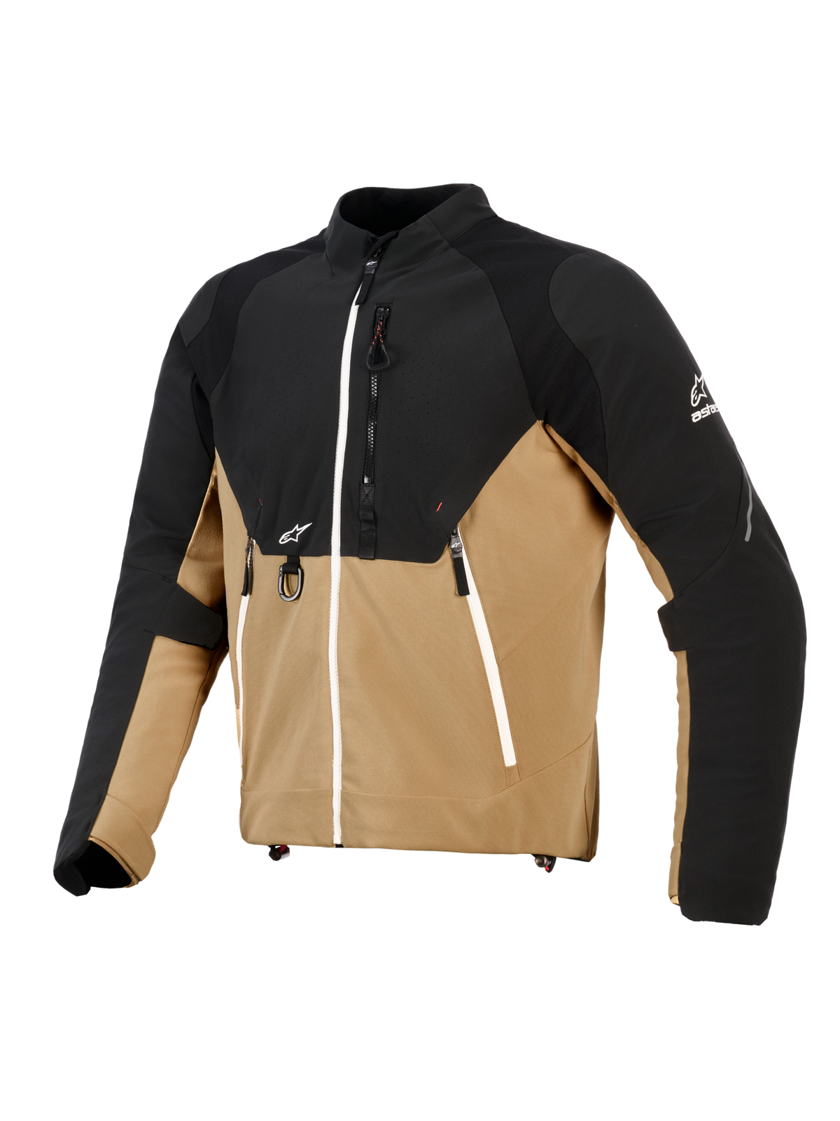 Alpinestars Provoke Jacke, Urbane Motorradjacke, Schwarz und Camel, technische Textilkonstruktion mit Ripstop-Einsätzen, mit weißen Reißverschluss-Akzenten, vorderem Metall-D-Ring und Alpinestars-Logos, zeitgenössisches, von Outdoor-Mode inspiriertes Design