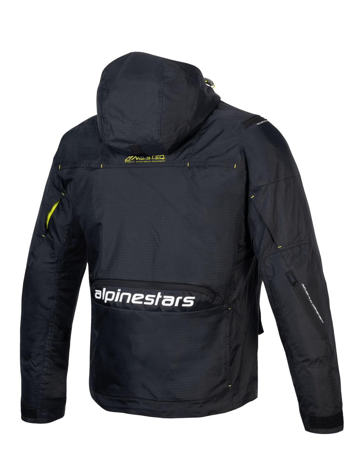 Alpinestars Mogress Air Jacke, Urban Motorradjacke, Schwarz und Limettengrün, belüftetes Ripstop-Textil, Rückansicht mit Kapuze und Alpinestars-Logo, Tech-Air® Ready.