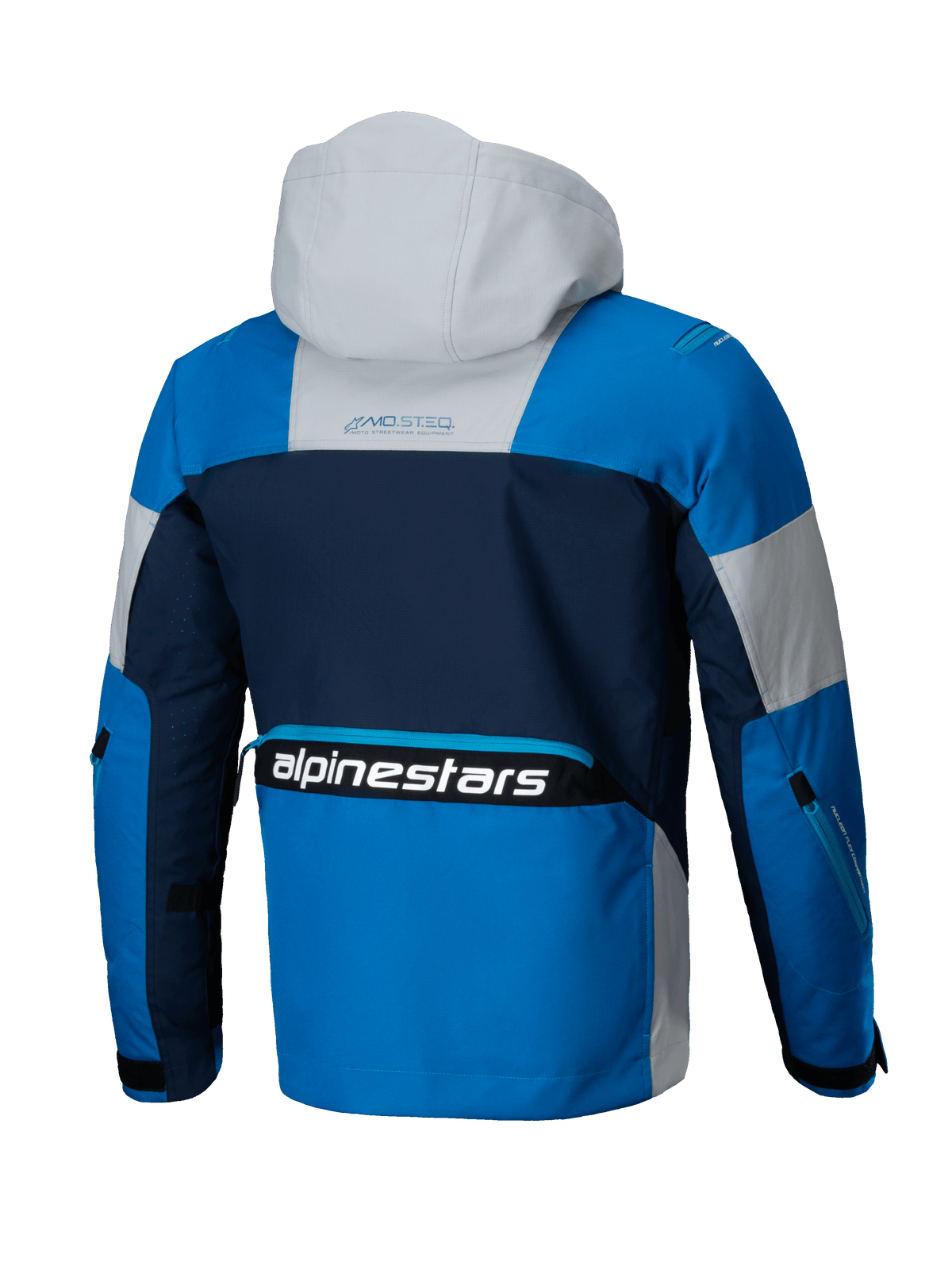 Alpinestars Mogress Air jas, stedelijke motorjas voor heren, jas met capuchon, achteraanzicht, blauw en navy met lichtgrijs, geventileerd textiel, CE-gecertificeerd.