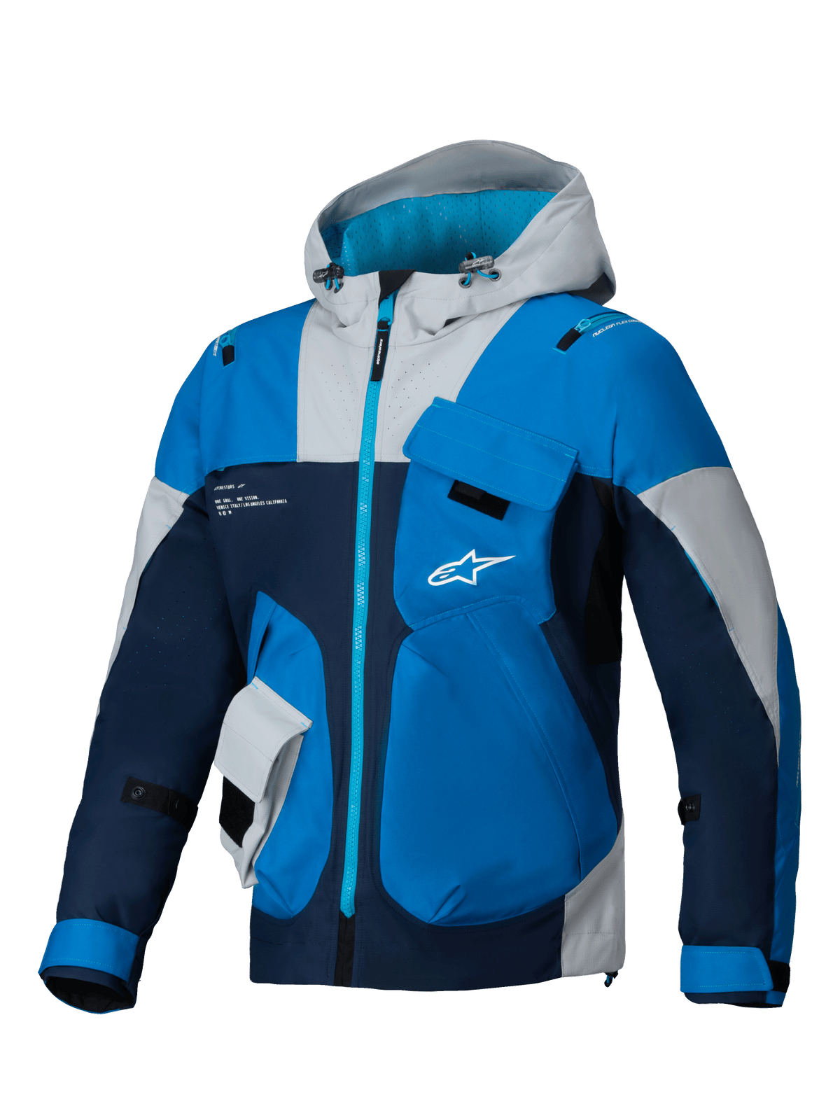 Alpinestars Mogress Air jas, urban motorjas voor heren in blauw en navy, geventileerde ripstop met utility capuchon en Nucleon Flex Plus bescherming.