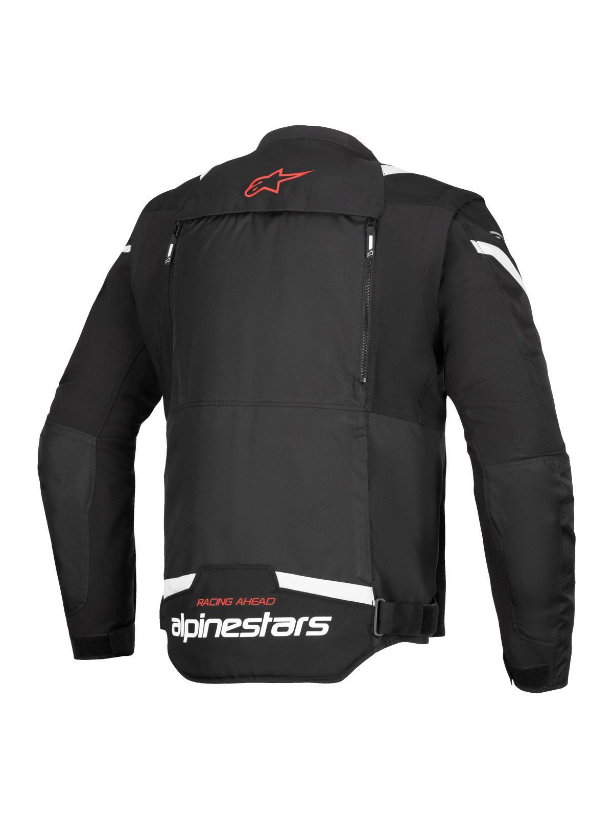 Alpinestars T-Stunt Air Jacket, Rear View, Black and White, featuring a red star logo on the neck, white branding at the lower back, and vertical zippers for the modular airflow system.