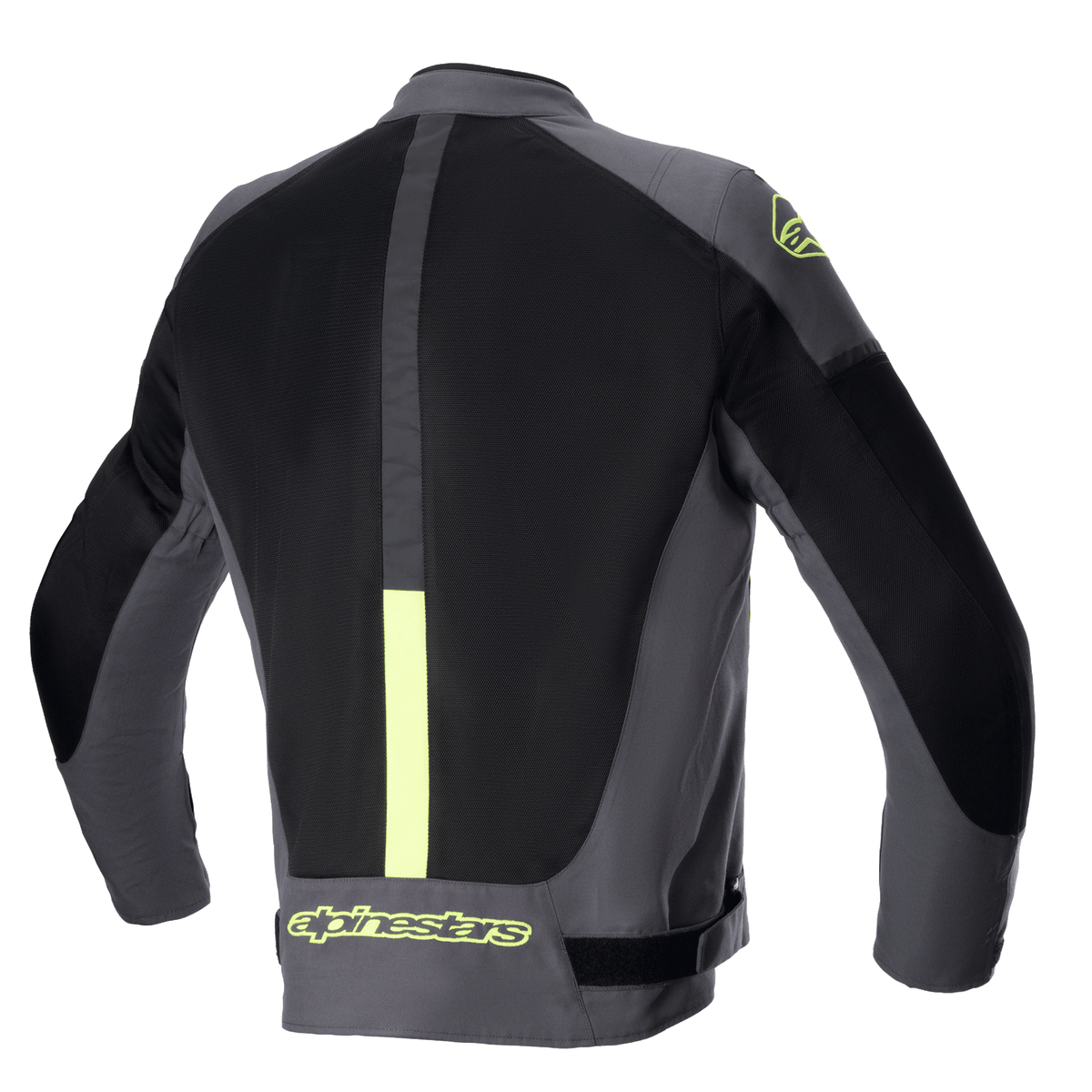 Alpinestars T-SP X Superair Jacke, Motorradjacke, Teergrau, Schwarz und Neongelb, Rückansicht mit großen Mesh-Einsätzen zur Belüftung und neongelbem Branding am unteren Rücken und an der Schulter.