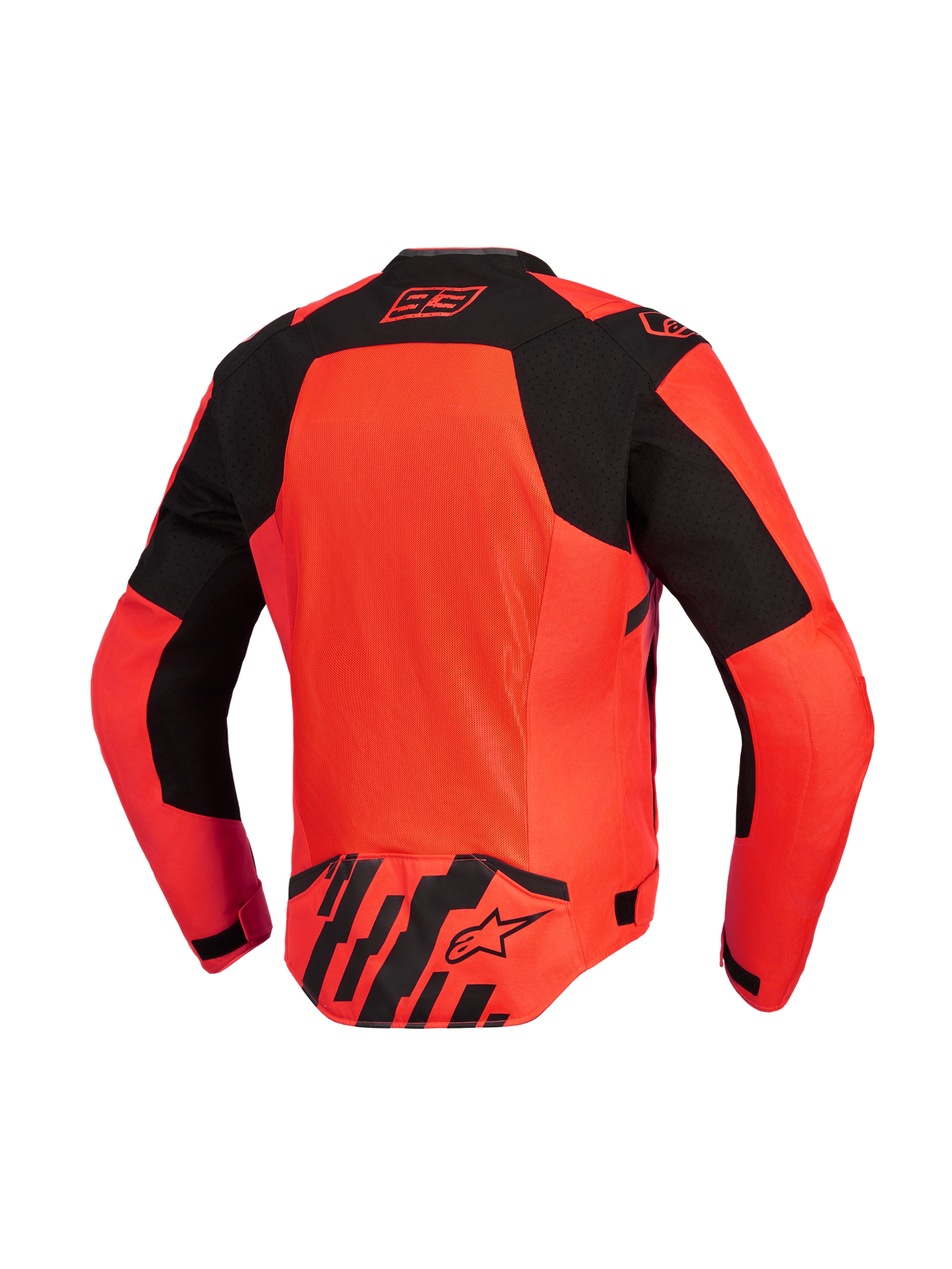 Veste Alpinestars MM93 T-SPS Air V2, vue arrière, rouge fluo et noir, veste de moto dotée d'un grand panneau de ventilation en mesh, logo signature Marc Marquez 93 sur le col et logo Alpinestars dans le bas du dos