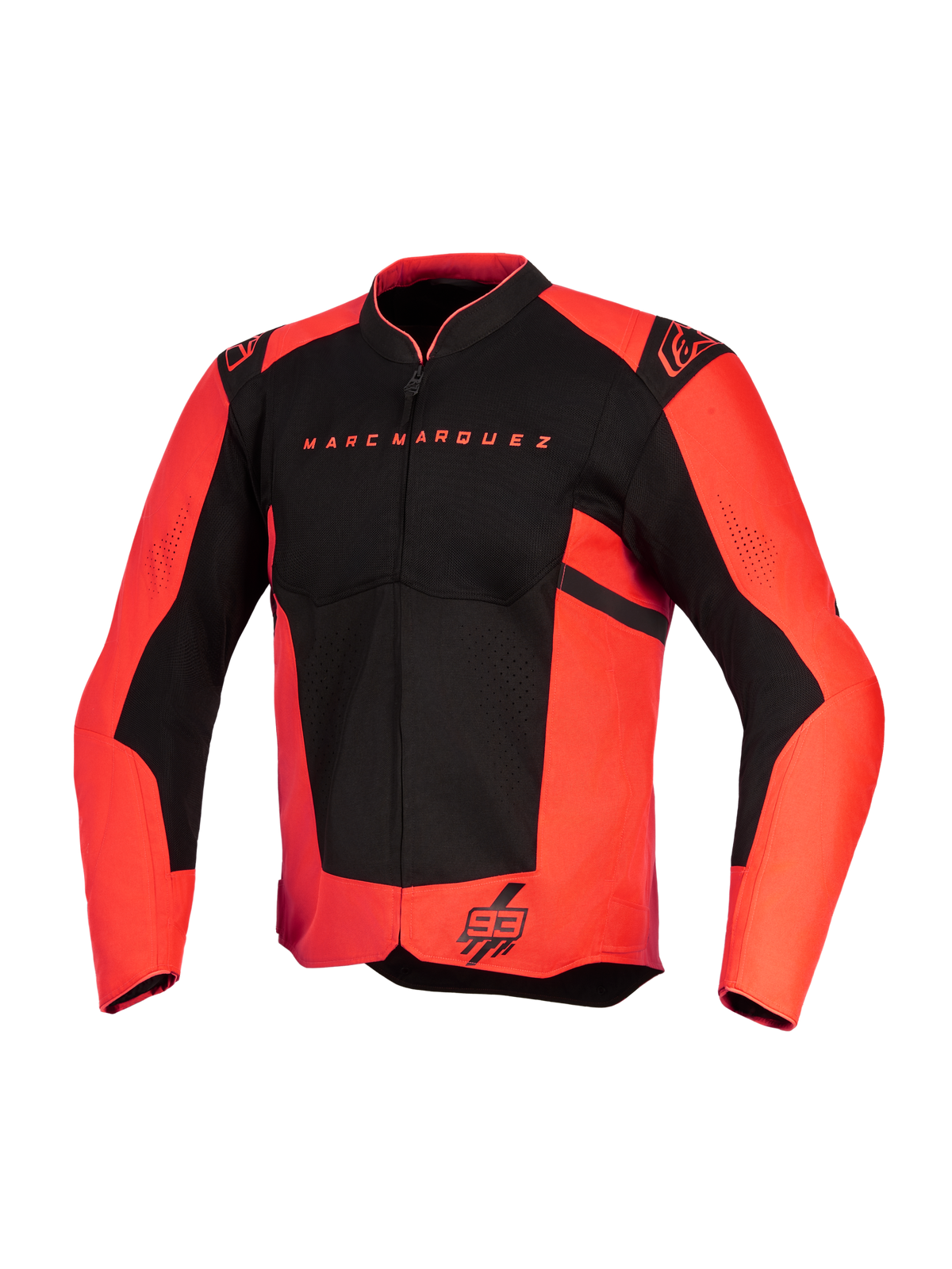 Veste Alpinestars MM93 T-SPS Air v2, veste de moto, rouge fluo et noir, avec le texte Marc Marquez sur la poitrine et le logo 93 sur l'ourlet, logos Alpinestars sur les épaules, panneaux en mesh pour la circulation de l'air, conception en textile à coupe sportive