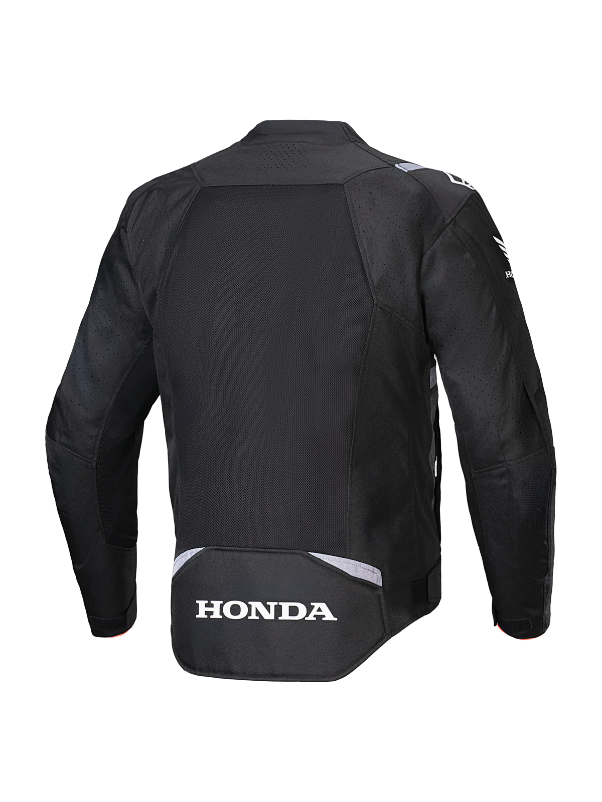 Alpinestars Honda T-SPS Air V2 Jacket, Black, Rear view featuring a large mesh back panel for airflow, white Honda logo on the lower back, and Alpinestars branding on the shoulders, textile motorcycle jacket for summer riding.