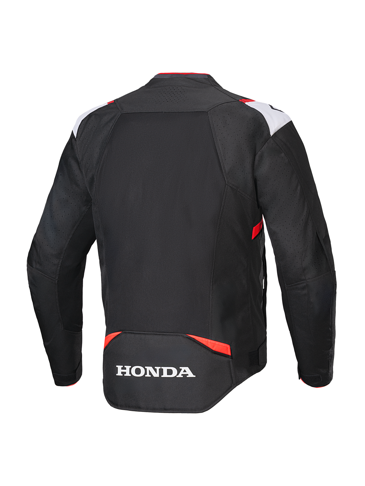 Veste Alpinestars Honda T-SPS Air V2, veste de moto en textile, noir, blanc et rouge vif, vue arrière montrant un large panneau en mesh pour la circulation de l'air et le logo Honda blanc sur le bas du dos, design de style sport pour la conduite urbaine estivale