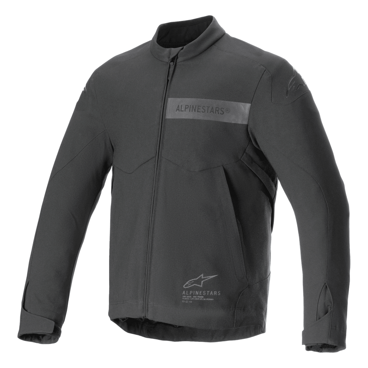 Alpinestars Aeron Jacket, veste de moto, noire, design de conduite estival minimaliste, avec col montant, fermeture éclair frontale intégrale, marquage Alpinestars ton sur ton sur la poitrine et poignets ajustables