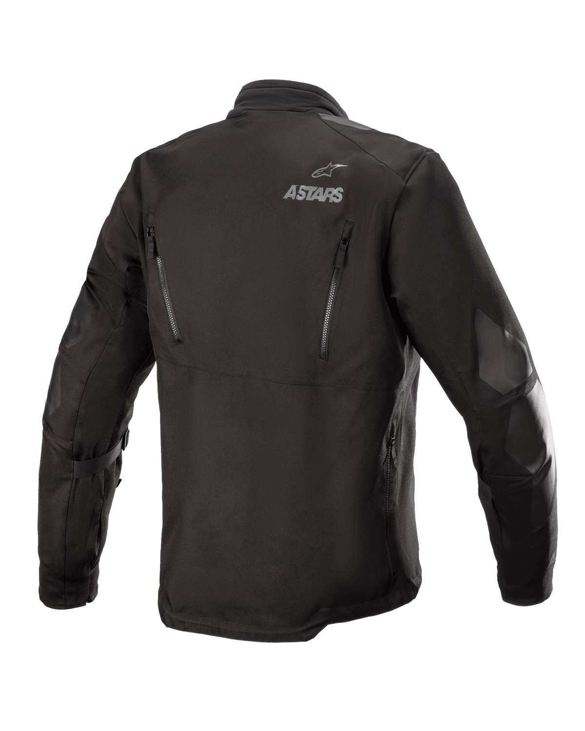 Alpinestars Venture XT Jas, zwart, achteraanzicht van een textiele adventure touring motorjas, voorzien van ASTARS-branding op de schouder, verticale ventilatieritsen op de rug en PU-film versterkingen op de mouwen.