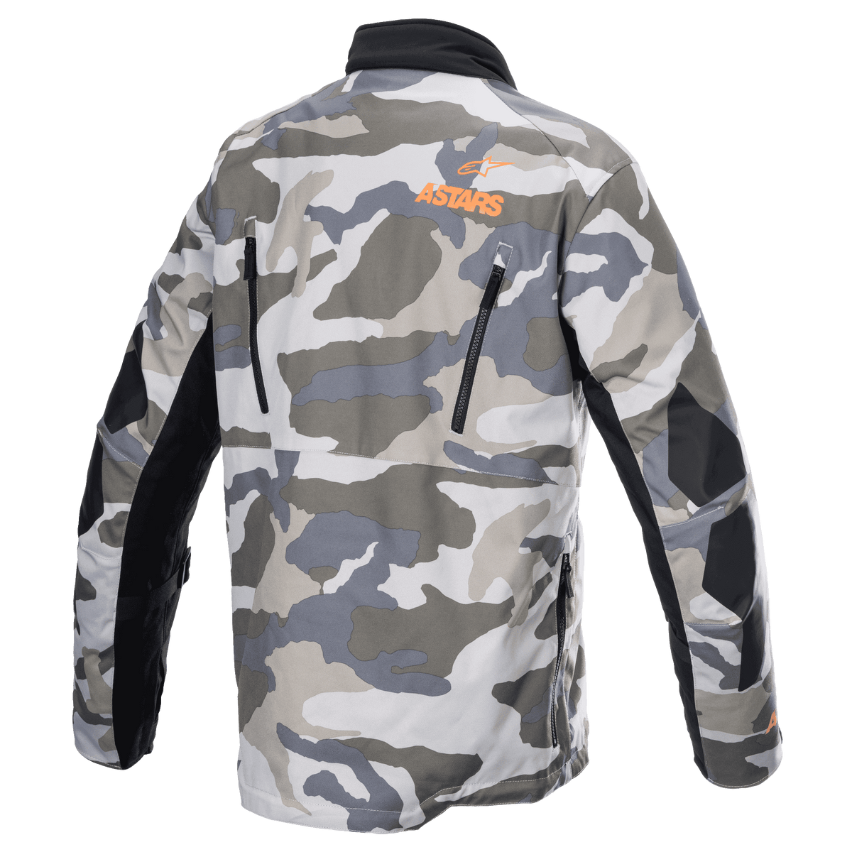 Alpinestars Venture XT Jacket, Mojave Camo Orange Fluo, back view showing grey and white camouflage pattern, orange ASTARS logo on the upper back, black ventilation zippers, and reinforced arm panels, adventure touring motorcycle jacket.