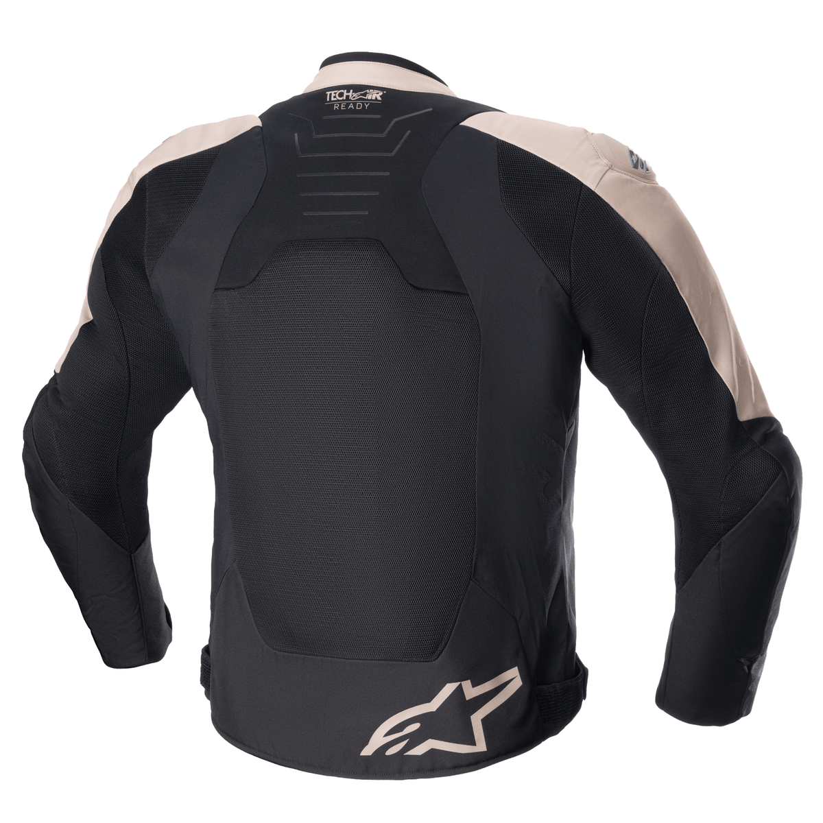 Alpinestars SMX Air Jacke, Motorrad-Sportjacke, Hellbraun und Schwarz, Rückansicht mit belüfteten Tech-Mesh-Einsätzen, Tech-Air Ready-Branding am oberen Rücken und Alpinestars-Logo am unteren Saum.