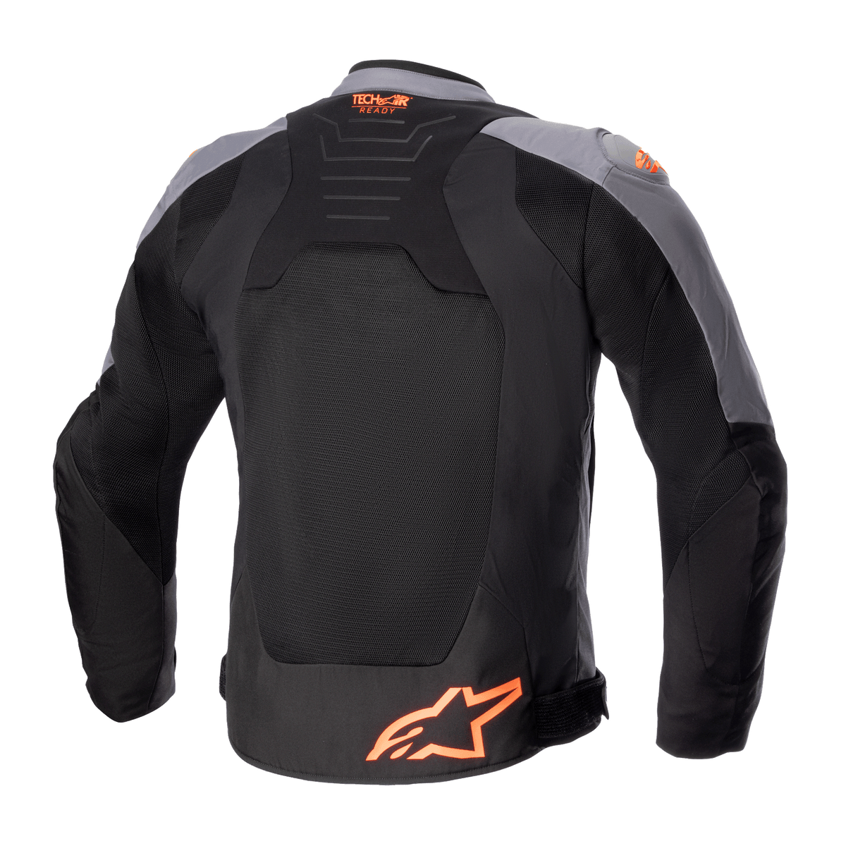 Alpinestars SMX Air Jacket, Textile Motorcycle Jacket, Black and Dark Gray with Orange Fluo, back view showing large mesh panels, Tech-Air Ready logo on upper back, and orange star logo at the bottom.