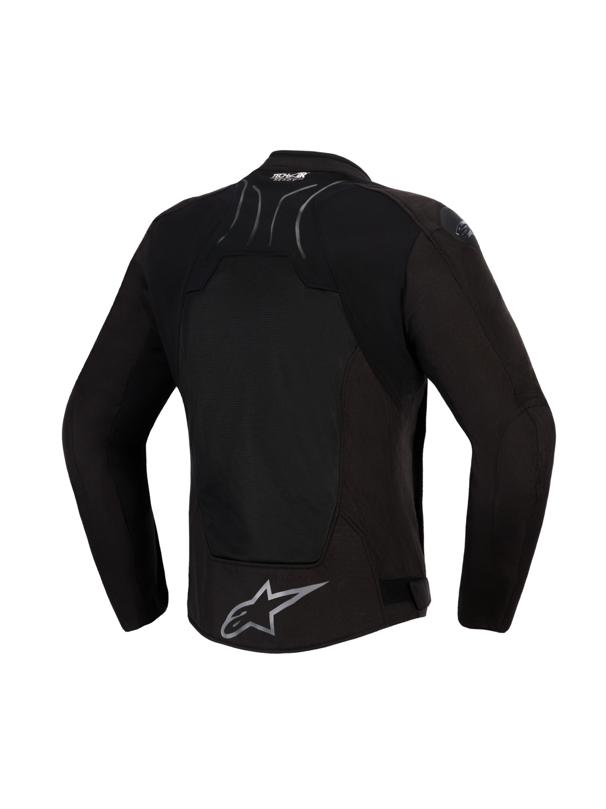Alpinestars SMX Air Jacket, Black Anthracite, achteraanzicht, met een groot tech-mesh rugpaneel voor ventilatie, Tech-Air® Ready-branding op de bovenrug en zilveren Alpinestars-sterlogo op de onderste zoom, ontworpen voor sportief rijden in warm weer.