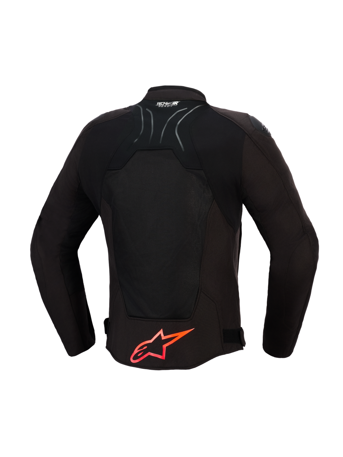 Veste Alpinestars SMX Air, veste de moto, noire avec détails rouge vif, vue de dos montrant les panneaux en maille technique pour la circulation de l'air, grand logo Alpinestars rouge sur le bas du dos, logo Tech-Air Ready sur le col, design sportif pour une conduite haute performance