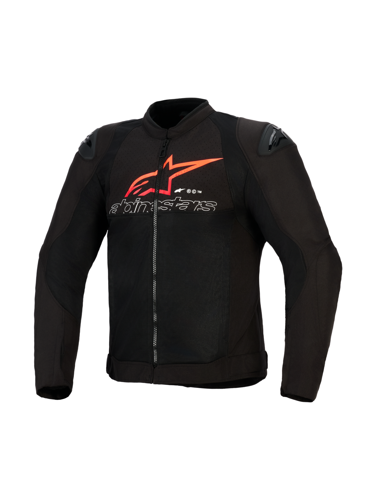 Veste Alpinestars SMX Air, veste de moto, noire avec des accents rouge vif et blancs, ornée d'un grand logo étoile Alpinestars rouge et d'un texte aux contours blancs sur la poitrine, panneaux en maille avec sliders d'épaule noirs, équipement de conduite sportive haute performance.