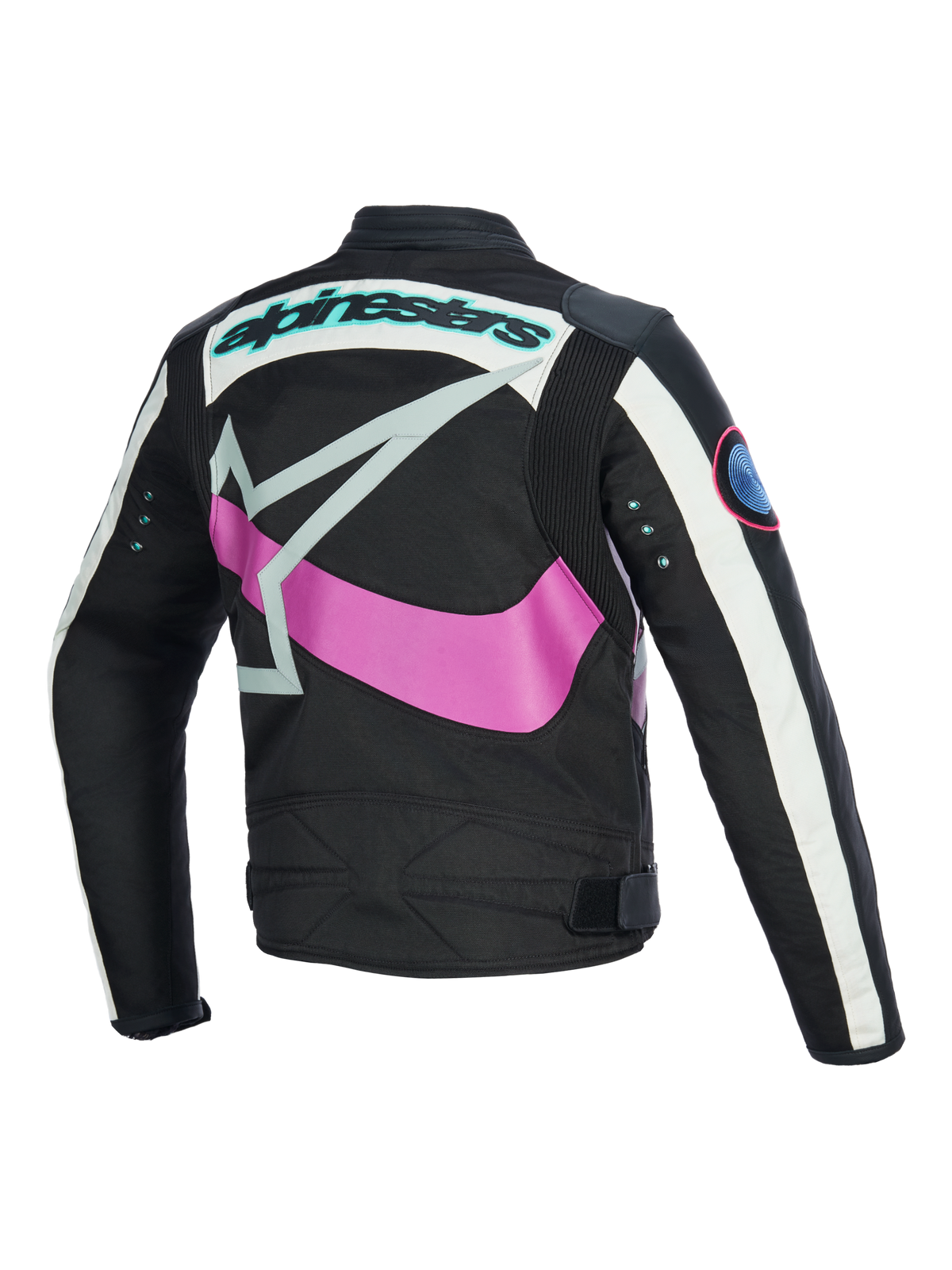 Alpinestars Idles Damenjacke, Rückansicht, Schwarz mit Off-White und Lila, großes pinkfarbenes umlaufendes Stern-Logo, blaugrüne Wortmarke und Metallösen an den Ärmeln, Vintage-inspiriertes Design mit Akkordeon-Paneelen für urbanes Motorradfahren