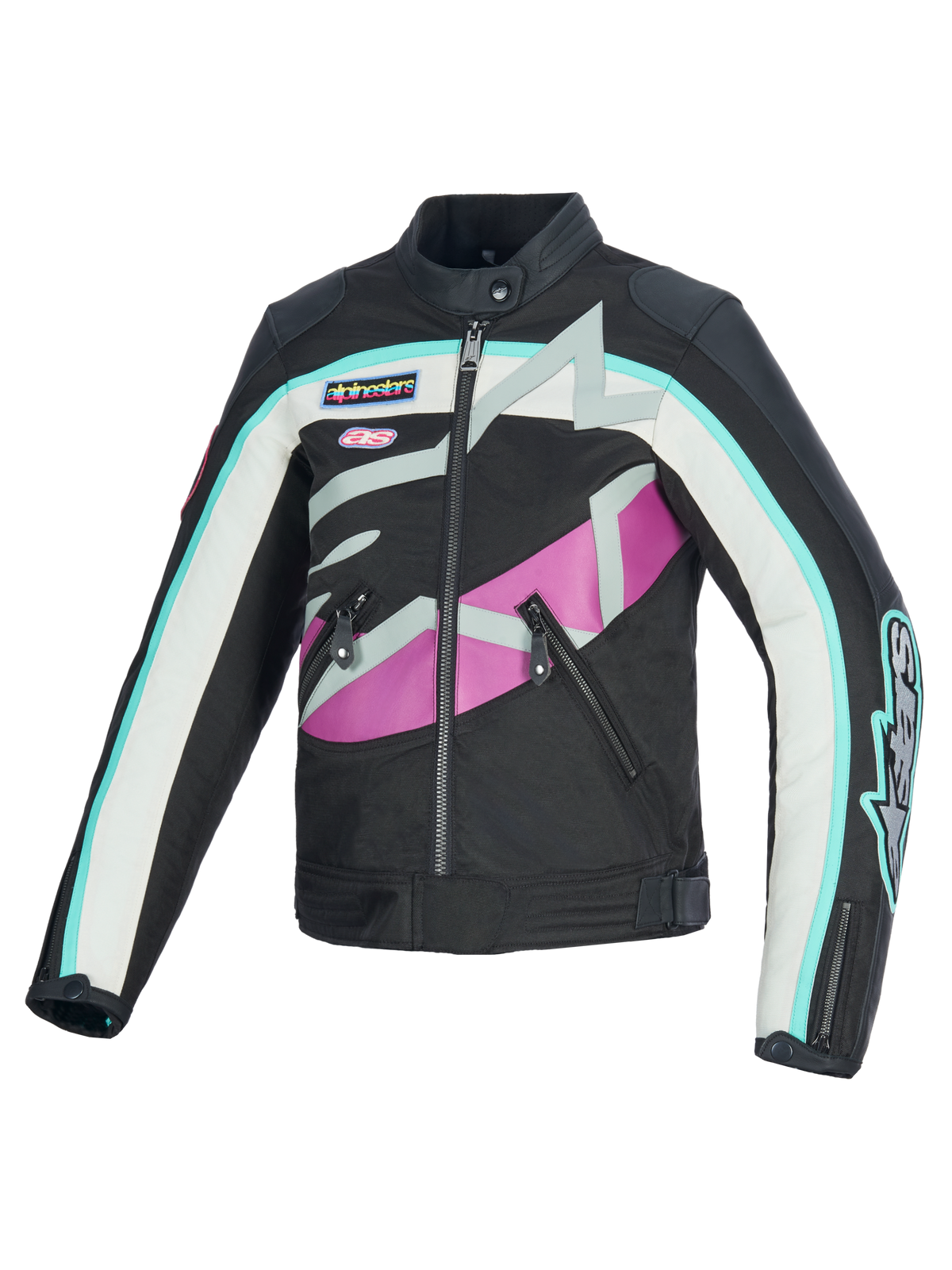 Alpinestars Idles Damenjacke, Motorradjacke, Schwarz, Off-White und Lila, vintage-inspiriertes Design mit markantem umlaufendem Alpinestars-Logo und Marken-Aufnähern, Textil- und Lederkonstruktion, wasserabweisende urbane Fahrausrüstung