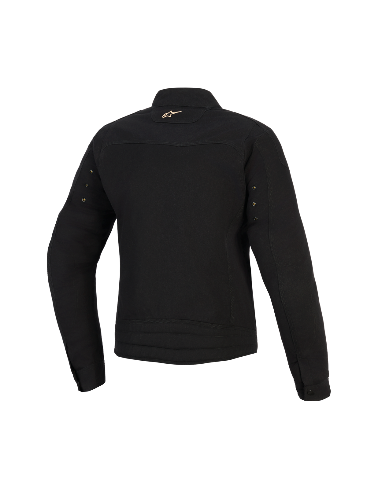 Veste Alpinestars Stella Grace, veste de moto urbaine pour femme, noire, vue de dos avec un petit logo Astar doré sur le col, des œillets métalliques sur les manches et des surpiqûres plissées au bas du dos.