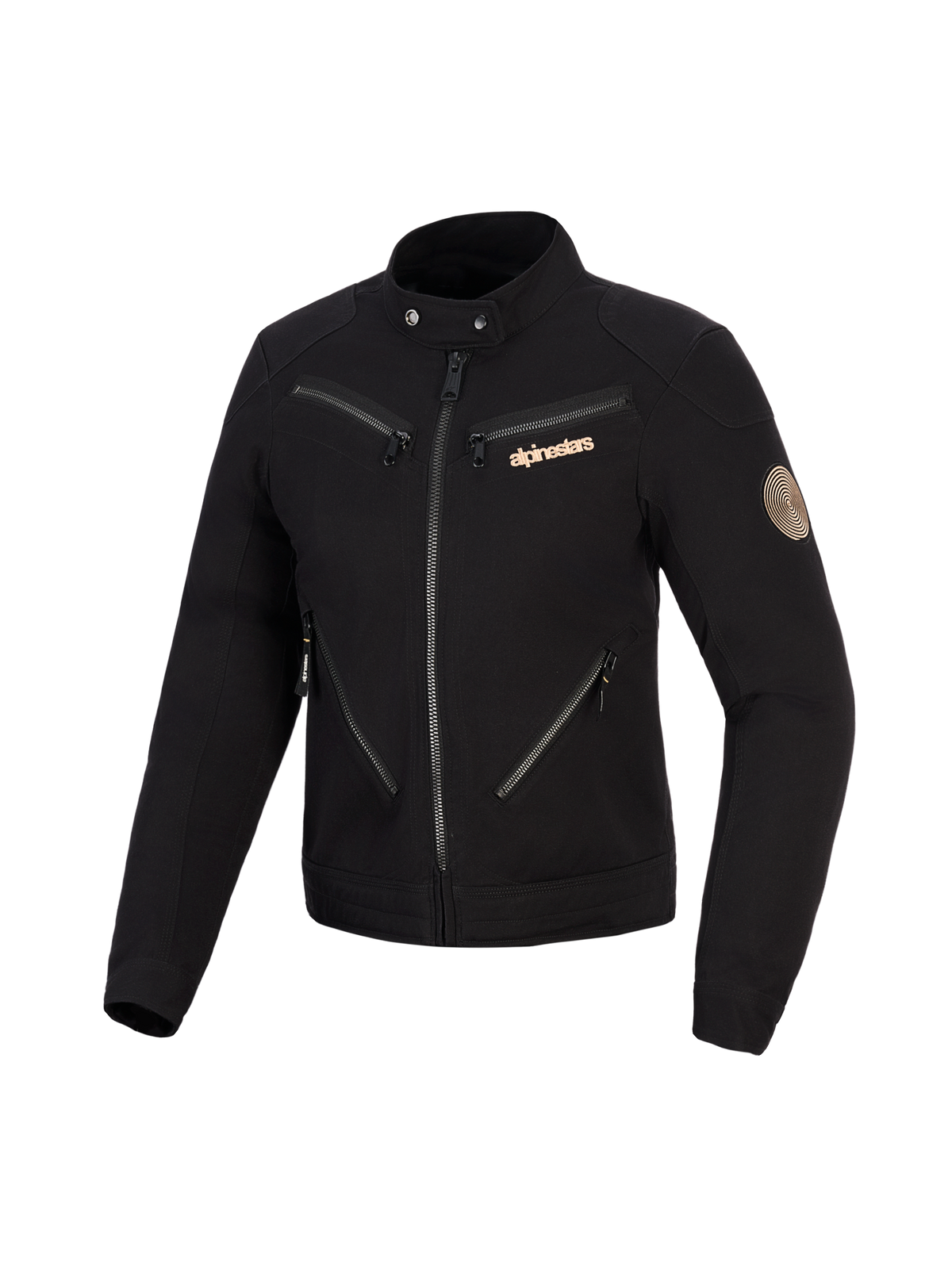 Veste Alpinestars Stella Grace, veste de moto pour femme, noire, design d'inspiration workwear urbain avec plusieurs fermetures éclair à l'avant, col à bouton-pression, logo Alpinestars cuivré et écusson vintage en spirale sur la manche.