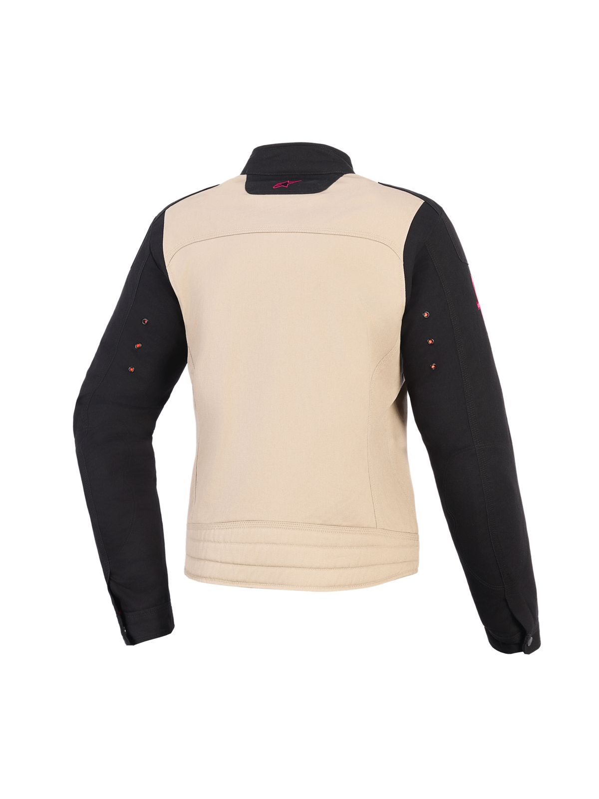 Veste Stella Grace Alpinestars pour femme, veste de moto pour femme, Aluminum Black, vue arrière, construction textile avec un buste beige, des manches noires et un petit logo rose sur le col.
